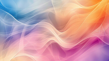 Poster - Minimal abstract background with soft flowing waves in pastel colors of blue, orange, pink, and purple, creating serene and calming atmosphere