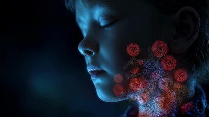 Poster - medical visualization showing bacteria infecting the throat of a child, highlighting the concept of 