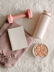 Aufkleber - Workout Gear, Vitamins, and a Journal Arranged Neatly on a Clean Flat Surface for a Healthy Lifestyle Routine