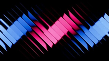 Poster - Cyclic 3D animation. A blue-pink gradient slides inside black glossy diagonal lines. Abstract minimalist background divided into stripes with reflection. Optical illusion with a transformation effect