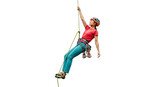Woman Rock Climber Rappelling Down with Safety Gear on Rope