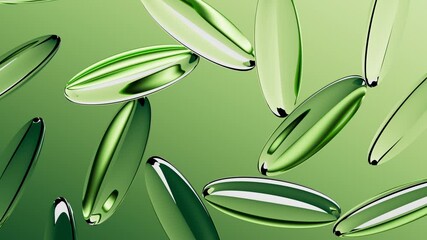 Poster - looping 3d animation. Abstract minimalist green aesthetic background. Levitating round glass lenses float on air, arranged in the shape of a flower, spin and rotate like a kaleidoscope