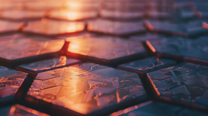 Poster - close up view of polygonal surface with light reflecting off its edges, creating vibrant and dynamic