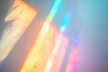 Poster - Blurred rainbow light refraction creates an ethereal texture on a soft, neutral surface in a serene indoor space illuminated by sunlight during late afternoon