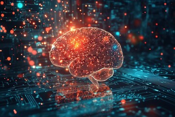 Poster - Representation of human brain illustrating intelligent thinking processes and neural connections in a high-tech, digital environment