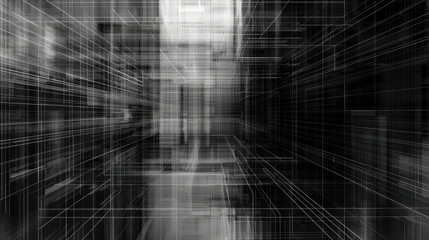 Poster - abstract lines and dashes creating tech style design, evoking sense of depth and modernity