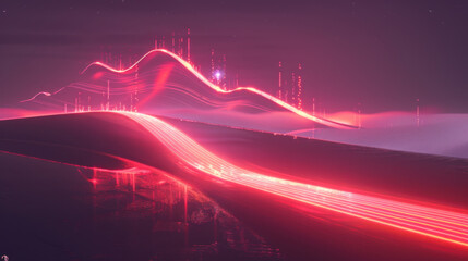 Poster - Vibrant digital landscape featuring flowing neon waves and glowing lines, creating futuristic atmosphere with sense of motion and energy