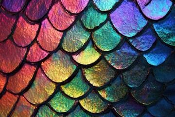 Poster - Colorful holographic rainbow foil texture resembling shimmering scales in vibrant shades of purple, blue, green, and gold reflecting light in a dynamic and playful way while enhancing visual interest