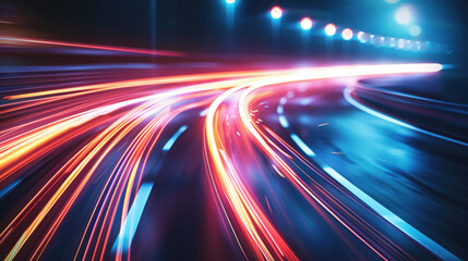 Poster - Dynamic abstract motion blur with flowing colorful trails creates vibrant and energetic atmosphere, showcasing light streaks on dark road