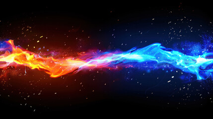 Poster - Abstract fire sparks flying in dark space with glowing colors, creating vibrant contrast of orange and blue flames