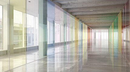 Poster - Translucent panels create vibrant atmosphere in modern interior space, showcasing blend of colors and light. sleek design enhances open feel