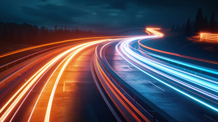 Poster - Futuristic wave line background with glowing motion, showcasing vibrant light trails on highway at night, creating dynamic atmosphere