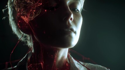 Poster - Medical visualization revealing intricate nerve and blood vessel network connecting woman's brainstem and heart during panic attack, glowing red against dark background