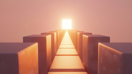 Poster - Serene pathway of illuminated blocks leads towards bright, glowing portal, evoking sense of hope and tranquility