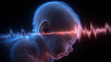 Poster - Wireframe visualization of a newborn baby reacting to sound waves, showing brain activity and sensory perception in early childhood development
