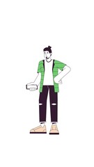 Poster - Casual european man checking smartphone in hand 2D character vertical animation. Caucasian male with modern hairstyle touching phone animated person cartoon 4K video isolated on white transparent