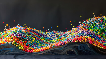Poster - Colorful spheres create vibrant wave pattern, showcasing playful and dynamic arrangement of various sizes and hues