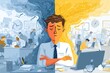 © dK - Concept illustration showing stressed man in chaotic office and calm office on either side representing burnout