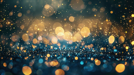 Poster - Shimmering abstract surface with motion blur, featuring vibrant golden and blue bokeh lights creating magical atmosphere