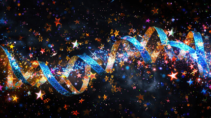 Poster - shimmering color ribbon with holographic glow effect, surrounded by sparkling stars, creates magical