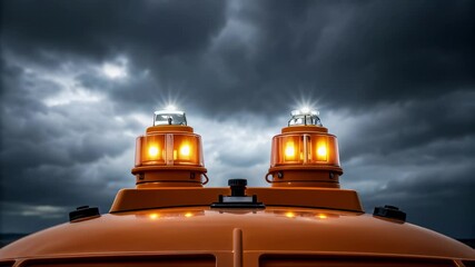 Poster - Orange emergency lights flashing on vehicle roof under stormy sky