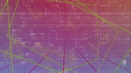 Poster - Starting data tunnel moving through gradient corridor, looping binary digits and wireframe polygons