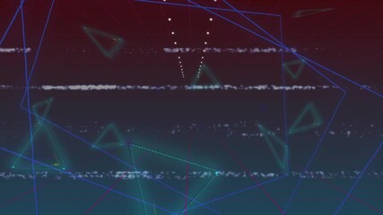 Poster - Pulsing wireframe network rotating in space, triggered by gradient shift with glitch bars and dots
