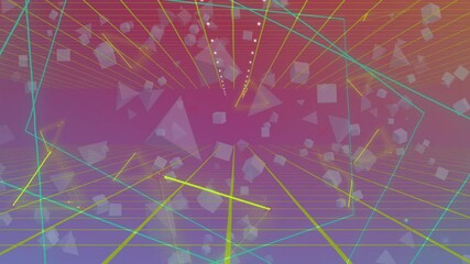 Poster - Advancing camera traveling through neon tunnel, with floating cubes, grid lines and light points
