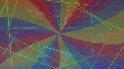 Poster - Opening tunnel in hall rotating wireframe polyhedron neon blue and yellow strokes glitch band