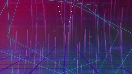 Poster - Starting camera motion through neon tunnel pulsing with grid lines, pillars and rotating wireframe