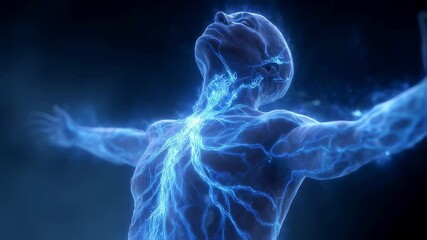 Poster - Oxygen, depicted as glowing spikes, flows through the body of a hyperventilating man with arms outstretched, illustrating the concept of respiration and medical science visualization