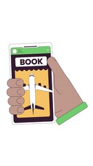 Poster - Flight booking on mobile phone 2D vertical animation. Digital air travel reservation. Black hand holding airplane flying smartphone animated character cartoon flat concept 4K video isolated on white