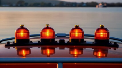 Poster - Orange emergency lights reflecting on a vehicle roof at sunset