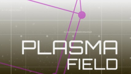Poster - Fading purple network rotating in grid interface featuring data annotations and plasma field title