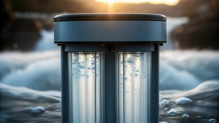 Poster - Water purification system filtering river water at sunset