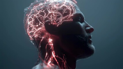 Poster - Visualization of a man's brain activity dimming, possibly due to a glucose crash, showing a decrease in neural connections and energy levels