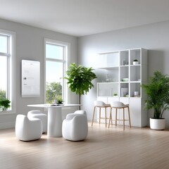 Poster - Minimalist White Office Interior with Plants and Natural Light
