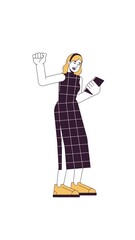 Poster - Excited blonde woman reacting to phone with fist pump 2D character vertical animation. Female mobile user in checkered dress celebrating animated person cartoon 4K video isolated on white transparent