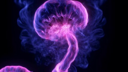 Poster - purple energy is glowing and flowing upwards, resembling a mushroom cloud or a biological structure,