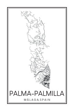 Hand drawn printable downtown road map poster of district PALMA-PALMILLA of the Spanish city of MÁLAGA on solid white background with city name