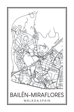 Hand drawn printable downtown road map poster of district BAILÉN-MIRAFLORES of the Spanish city of MÁLAGA on solid white background with city name