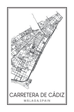 Hand drawn printable downtown road map poster of district CARRETERA DE CÁDIZ of the Spanish city of MÁLAGA on solid white background with city name