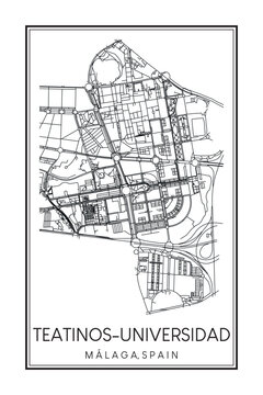 Hand drawn printable downtown road map poster of district TEATINOS-UNIVERSIDAD of the Spanish city of MÁLAGA on solid white background with city name