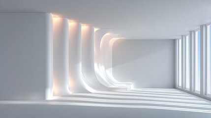 Poster - Modern White Interior with Curved Walls and Sunlight Shadows