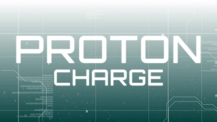 Poster - Starting text PROTON CHARGE forming over grid overlay, with floating letters and HUD readouts