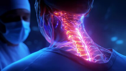 Poster - Glowing nerves and spine are visible through translucent skin during a surgical procedure on patient's neck, overseen by a surgeon wearing surgical mask