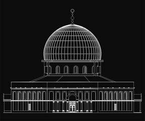 Poster - Detailed architectural blueprint of a grand building featuring a prominent dome, showcasing precise technical drawings with labeled dimensions. The dark background enhances the intricate lines and.