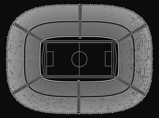 Poster - Black and white blueprint style soccer stadium illustration with detailed contour lines. The design features seating arrangements, a central field, and surrounding stands on a dark background.