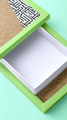 Poster - Open Green Box Mockup With Geometric Pattern And Textured Lid