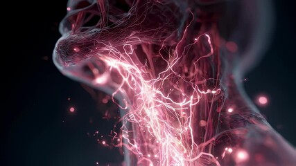 Poster - glowing nerve networks radiating through transparent human throat, visualizing intense sensory signa